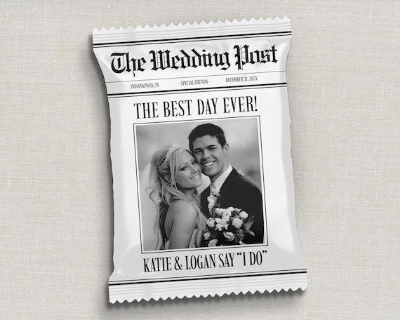 Wedding Newspaper Chip Bag Template, Custom Newspaper Template for Wedding Favors & Engagement Party Favors, Unity Ceremony Welcome Bag
