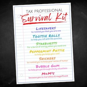 Tax Professional Survival Kit Gift Tags, Tax Preparation Appreciation Thank You, Tax Season CPA Accountant Bookkeeper Staff Goodie Bag Tag