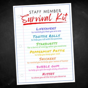Staff Member Survival Kit Gift Tags, Staff Appreciation and Thank You Cards, Goodie Bag Tag for Party Favors, Team Member Treat Bag Idea