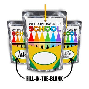 Back to School Juice Pouch Labels Wrappers, 1st Day of School, Students Teachers Co-Workers PTO PTA, Goodie Bag Party Favors, Class Treats