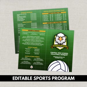 Może przedstawiać: Zielono-biały program sportowy na bankiet siatkarski Central High School. Dokument zawiera logo Central Eagles, grafikę piłki do siatkówki oraz listy składów drużyn, nagród, wyróżnień i osiągnięć sezonu.