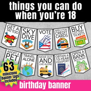 Bannière 18e anniversaire imprimable, choses que vous pouvez faire quand vous avez 18 ans, idée cadeau 18e anniversaire pour fille, fils ou ami, décoration de fête d'anniversaire