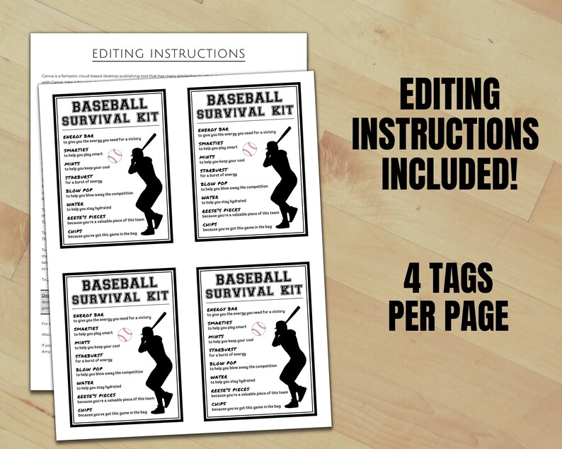 Baseball Survival Kit Gift Tags, Tournament Good Luck Goodie Bag Tag ...