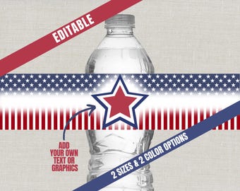 May include: A clear water bottle with a decorative label featuring a red star in a blue outline, surrounded by a white stripe and red and white stripes. The label has a blue star field and the text "ADD YOUR OWN TEXT OR GRAPHICS".