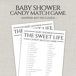 May include: Two white sheets of paper with the text "BABY SHOWER CANDY MATCH GAME" printed in black. The game includes an answer key and features a list of baby-related terms to match with candy names.