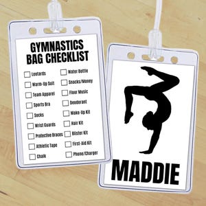 Etiqueta editable para bolsa de gimnasia, lista de verificación de equipo de gimnasia personalizado, etiqueta con nombre, etiqueta para mochila deportiva del club escolar, lista de empaque para gimnastas