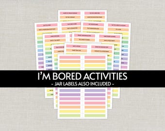 May include: A collection of colorful activity cards and jar labels. The cards feature phrases like "Make Ice Cream Sundaes" and "Go on a Bike Ride." The text "I'M BORED ACTIVITIES" is displayed prominently.