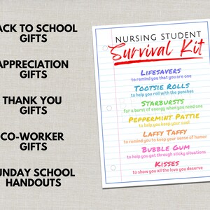 May include: A white sheet of paper with blue lines and the text "NURSING STUDENT Survival Kit" in red and black. The kit includes candies like Lifesavers, Tootsie Rolls, Starbursts, Peppermint Pattie, Laffy Taffy, Bubble Gum, and Kisses.