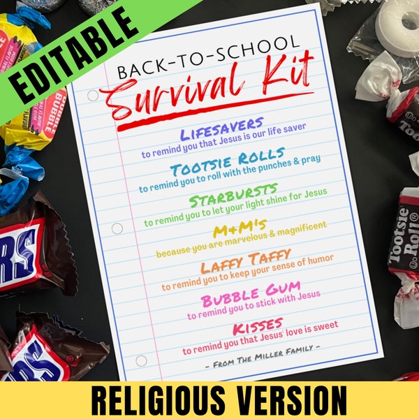 EDITABLE Religious Back to School Survival Kit Gift Tag, Teacher & Staff Appreciation, Welcome Back or 1st Day PTO PTA Gift Idea, Goody Bag