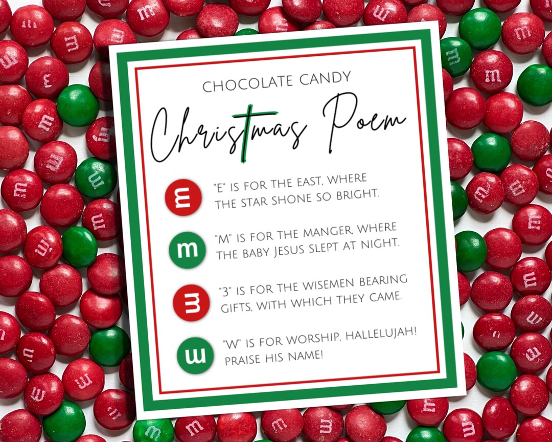 M&M Christmas Poem Gift Tag Printable, Stocking Stuffer Treat Card