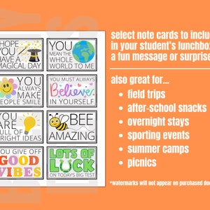 May include: Eight colorful note cards with positive messages for kids. The cards feature illustrations of a magic hat, a globe, a smiley face, a light bulb, a bee, a horseshoe, and a rainbow. The text on the cards includes phrases like "You mean the whole world to me", "You are full of bright ideas", and "You give off good vibes".