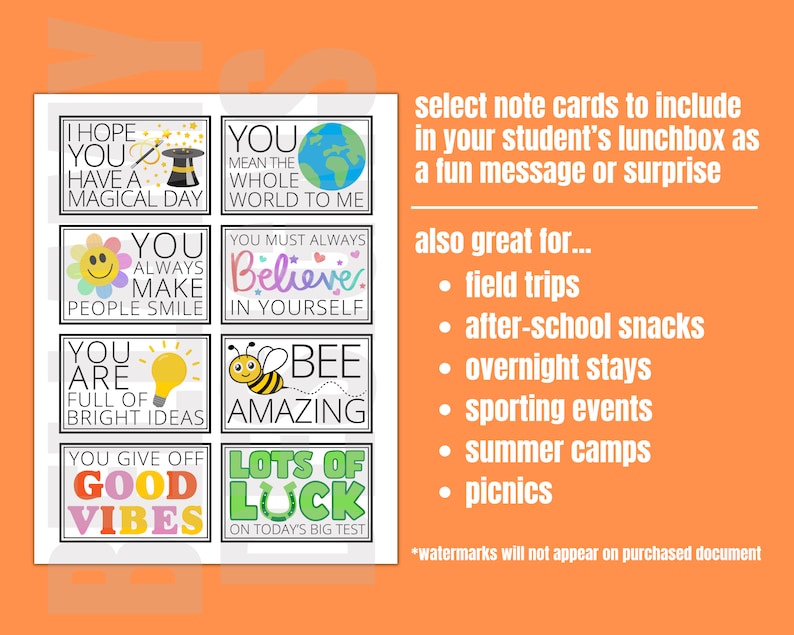 May include: Eight colorful note cards with positive messages for kids. The cards feature illustrations of a magic hat, a globe, a smiley face, a light bulb, a bee, a horseshoe, and a rainbow. The text on the cards includes phrases like "You mean the whole world to me", "You are full of bright ideas", and "You give off good vibes".