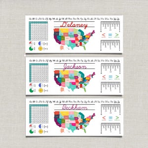 May include: Three personalized educational cards with the names Delaney, Jackson, and Beckham in cursive. Each card features a colorful map of the United States, fraction diagrams, and measurement scales.