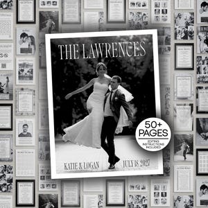 May include: A black and white wedding program template featuring a cover photo of a couple, with the text THE LAWRENCES, KATIE & LOGAN, JULY 18, 2027, and a circular badge stating 50+ PAGES EDITING INSTRUCTIONS INCLUDED, surrounded by a collage of various wedding stationery designs.