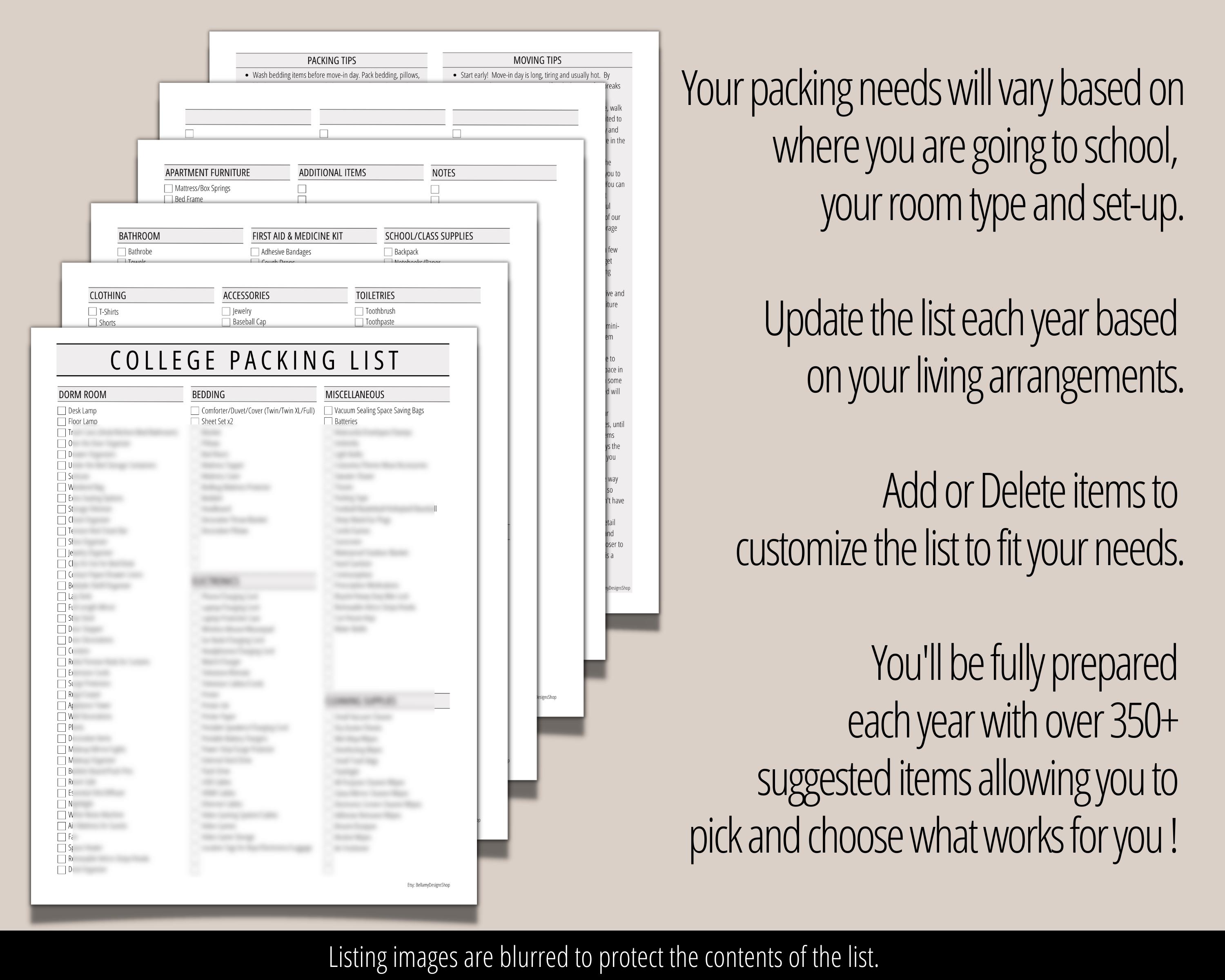 College Packing List, Printable Organizer for Dorm Room Apartment ...