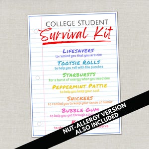 College Student Survival Kit Gift Tags, Back to School University Care Package Graduation Party Favors Finals Exams Semester Goodie Bag Tag