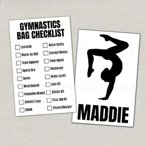 May include: Two white cards with black text. One card reads "GYMNASTICS BAG CHECKLIST" with a list of items. The other card has a black silhouette of a gymnast and the name "MADDIE".