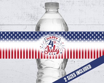 4th of July Water Bottle Wrapper, Patriotic Independence Day American Printable, Goodie Bag Party Favors, Custom Fourth of July Water Bottle