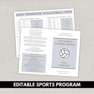 Könnte beinhalten: Ein gedrucktes Sportprogramm für das Lady Warrior Volleyballteam. Das Programm enthält Teamlisten, besondere Auszeichnungen und Dankesnotizen. Das Cover zeigt eine Volleyballgrafik und die Worte "State Champions."