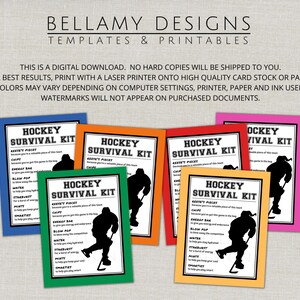 May include: A collection of colorful hockey survival kit printables. Each kit features a black silhouette of a hockey player and includes items like chips, an energy bar, and water. The kits are in various colors, including blue, orange, red, green, pink, and yellow.