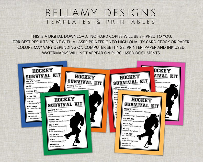 May include: A collection of colorful hockey survival kit printables. Each kit features a black silhouette of a hockey player and includes items like chips, an energy bar, and water. The kits are in various colors, including blue, orange, red, green, pink, and yellow.