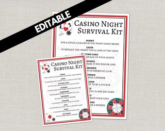 Casino Night Survival Kit Gift Tags Printable Party Favor Goodie Bag Tag Editable Poker Chip Gambling Birthday Girls Night Out Bachelorette
