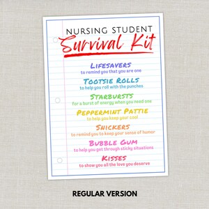 May include: A white paper print titled "Nursing Student Survival Kit" with a blue border and lined paper design. The text includes a list of candies and their purposes, such as Lifesavers and Tootsie Rolls. The words "Survival Kit" are in red.