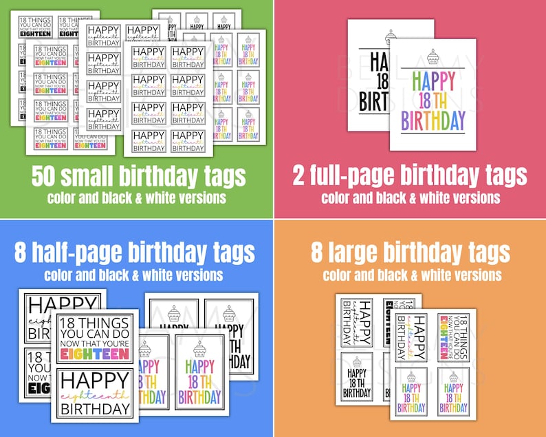 Puede incluir: Un conjunto de etiquetas de cumplea&ntilde;os en color y blanco y negro. Las etiquetas presentan textos como "Feliz 18 cumplea&ntilde;os" y "18 cosas que puedes hacer ahora que tienes dieciocho a&ntilde;os". La imagen incluye tama&ntilde;os de etiquetas peque&ntilde;as, de media p&aacute;gina, de p&aacute;gina completa y grandes.