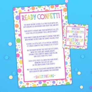 Klaar confetti-gedicht cadeaukaartjes, avond voor de eerste schooldag, afdrukbaar terug naar school, kleuterschool en kleuterschool Meet the Teacher-cadeaus