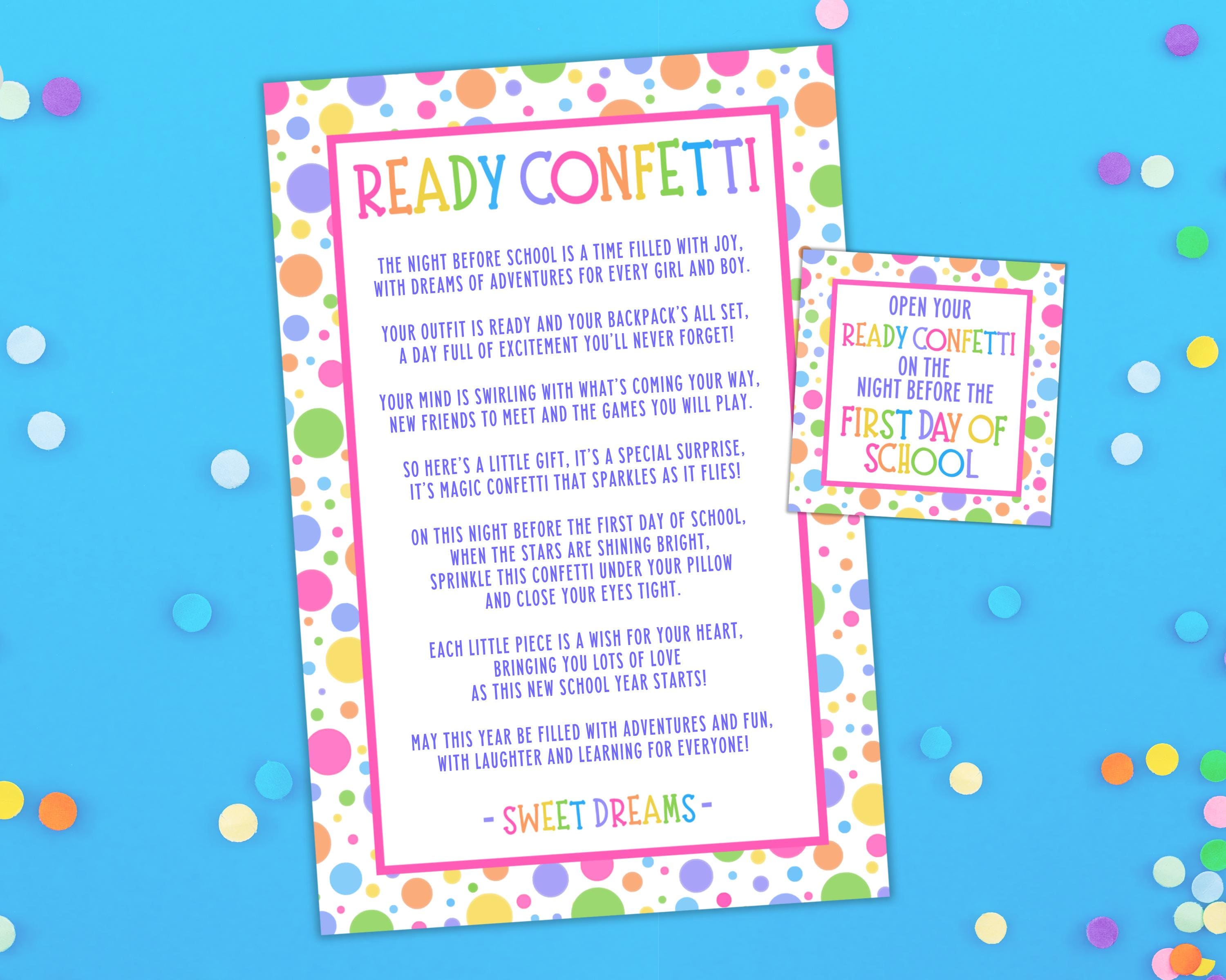Ready Confetti Poem Gift Tags, Night Before First Day of School, Back to School Printable, Preschool & Kindergarten Meet the Teacher Gifts