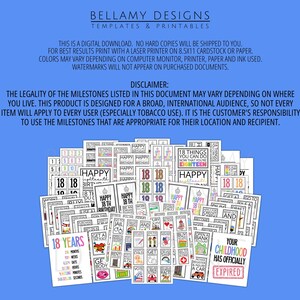 Puede incluir: Una colecci&oacute;n de plantillas imprimibles con varios dise&ntilde;os y texto, incluyendo "Feliz 18 cumplea&ntilde;os" y "18 a&ntilde;os". Las plantillas est&aacute;n en papel blanco con acentos negros y coloridos. El texto "BELLAMY DESIGNS" est&aacute; en la parte superior.
