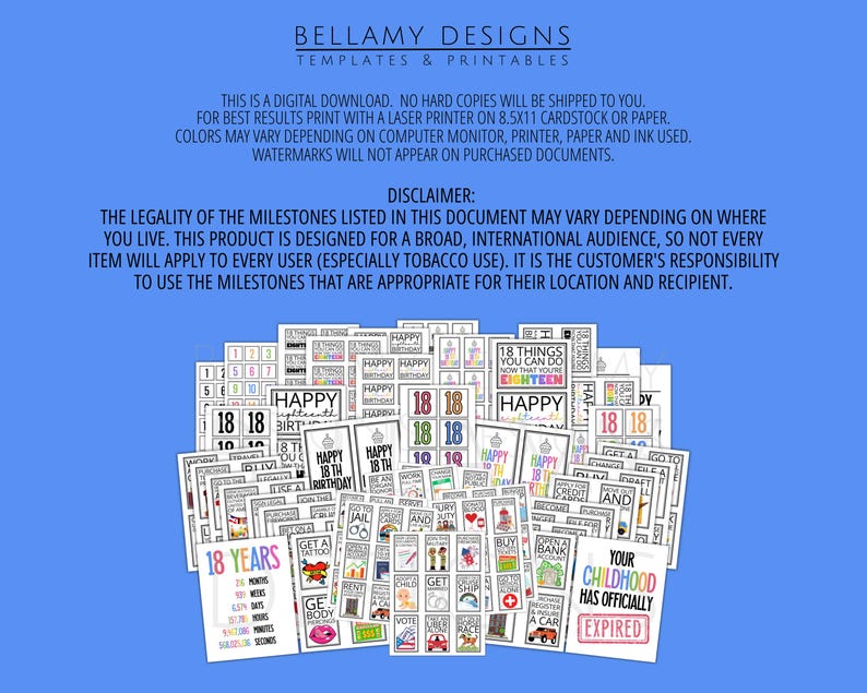 Puede incluir: Una colecci&oacute;n de plantillas imprimibles con varios dise&ntilde;os y texto, incluyendo "Feliz 18 cumplea&ntilde;os" y "18 a&ntilde;os". Las plantillas est&aacute;n en papel blanco con acentos negros y coloridos. El texto "BELLAMY DESIGNS" est&aacute; en la parte superior.