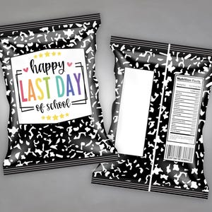 May include: Two snack bags with a black and white composition notebook paper design. One bag features the text "happy LAST DAY of school" in a colorful font. The other bag has a nutrition facts label and a barcode.