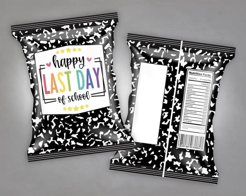 May include: Two snack bags with a black and white composition notebook paper design. One bag features the text "happy LAST DAY of school" in a colorful font. The other bag has a nutrition facts label and a barcode.
