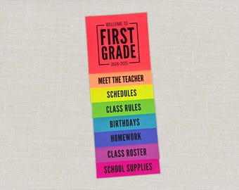 May include: A colorful, vertical school-themed list. The top section reads "WELCOME TO FIRST GRADE 2024-2025" in black text on a red background. Below are rainbow-colored sections listing topics like "SCHEDULES" and "SCHOOL SUPPLIES".