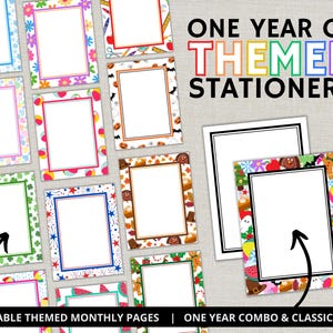 May include: A selection of printable themed monthly pages with decorative borders. The borders feature colourful designs with flowers, hearts, and seasonal elements like pumpkins and shamrocks. The text reads "ONE YEAR OF THEMED STATIONERY" and "PRINTABLE THEMED MONTHLY PAGES | ONE YEAR COMBO & CLASSIC PAGES."