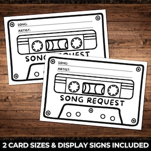 Cartes et panneaux de demande de chanson, groupe de karaoké DJ, étiquettes de demande de chanson imprimables, réception de mariage, bal de promo, soirée dansante, carte de boîtier de cassette
