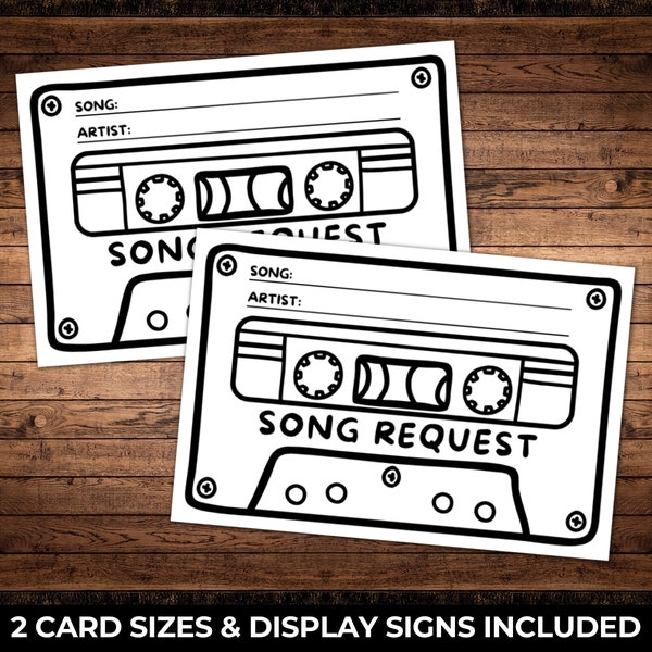 Song Request Cards & Signs, Karaoke Band DJ printable Song Request Tags, Wedding Reception Prom Dance Party, Cassette Tape enclosure card