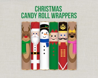 May include: Six cylindrical candy roll wrappers featuring Christmas characters including a reindeer, Santa Claus, a snowman, an elf, a nutcracker, and a female reindeer. The text CHRISTMAS CANDY ROLL WRAPPERS is printed in green above the wrappers.