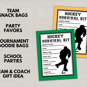May include: Two hockey-themed "Survival Kit" cards, one green-framed and one yellow-framed, with black text and a hockey player silhouette. The cards list items like Reese's Pieces, chips, and energy bars, perfect for team snack bags and party favors.