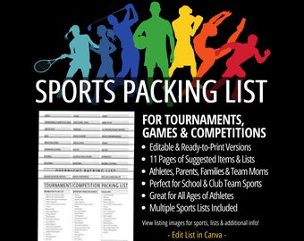 Sports Packing List, Tournament Game Competition Checklist for Athletes Parents Team Moms, Printable Packing Planner for School & Club Teams