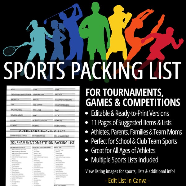 Sports Packing List, Tournament Game Competition Checklist for Athletes Parents Team Moms, Printable Packing Planner for School & Club Teams