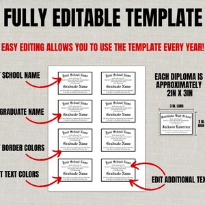 May include: A printable diploma template with the text "FULLY EDITABLE TEMPLATE" and "EASY EDITING ALLOWS YOU TO USE THE TEMPLATE EVERY YEAR!". The diplomas are approximately 2 inches by 3 inches. The template allows for editing of school name, graduate name, border colors, and text colors.