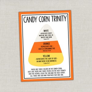 Könnte beinhalten: Ein rechteckiger Druck mit dem Titel CANDY CORN TRINITY und einem orangefarbenen Rand. Er zeigt eine große Candy-Corn-Grafik, die in weiße, orange und gelbe Abschnitte unterteilt ist, mit Text, der religiöse Symbolik und Bibelstellen erklärt.