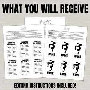 May include: A collection of printable gymnastics-themed checklists and name tags. The checklists are labeled "Gymnastics Bag Checklist" and the name tags feature a gymnast silhouette. The text "WHAT YOU WILL RECEIVE" and "EDITING INSTRUCTIONS INCLUDED!" are also visible.