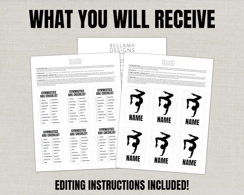 May include: A collection of printable gymnastics-themed checklists and name tags. The checklists are labeled "Gymnastics Bag Checklist" and the name tags feature a gymnast silhouette. The text "WHAT YOU WILL RECEIVE" and "EDITING INSTRUCTIONS INCLUDED!" are also visible.