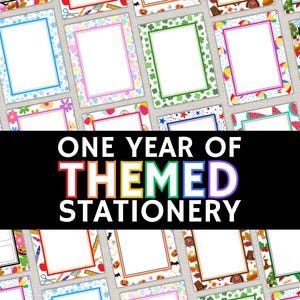 Puede incluir: Una colección de artículos de papelería con varios bordes temáticos, incluyendo flores, corazones y motivos de temporada. El texto "ONE YEAR OF THEMED STATIONERY" se muestra en letras coloridas sobre un fondo negro. Cada artículo de papelería tiene un espacio rectangular blanco para texto.