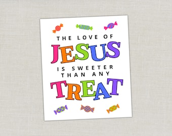 Etiqueta cristiana para golosinas de Halloween, etiqueta religiosa de Jesús para Halloween imprimible para niños, etiqueta para bolsas de regalos para fiestas, etiqueta de truco o trato para la iglesia.