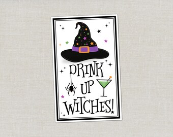 Drink Up Witches-cadeaukaartjes, Halloween-wijnflesetiket, You've Been Boozed, Here for the Boos afdrukbaar alcohollabel, martini-goodiebaglabel