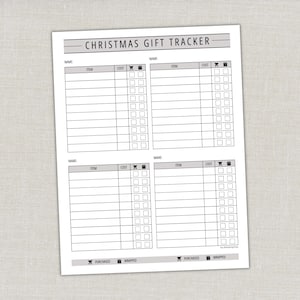 Può includere: Un foglio di carta bianco per il monitoraggio dei regali di Natale con testo e linee nere. L'intestazione recita CHRISTMAS GIFT TRACKER. Presenta quattro sezioni per i nomi, ciascuna con colonne per articolo, costo e caselle di controllo.